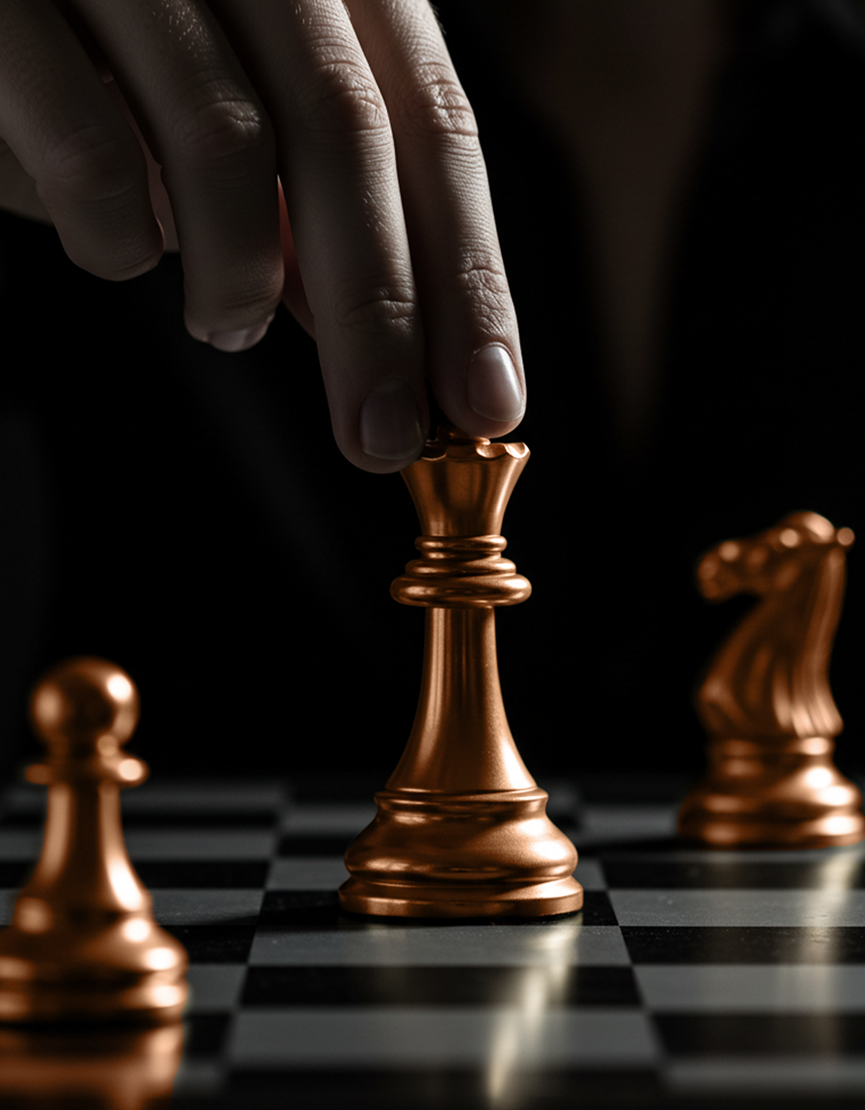 Close-up of a hand moving a golden queen chess piece on a chessboard, symbolizing strategy and leadership